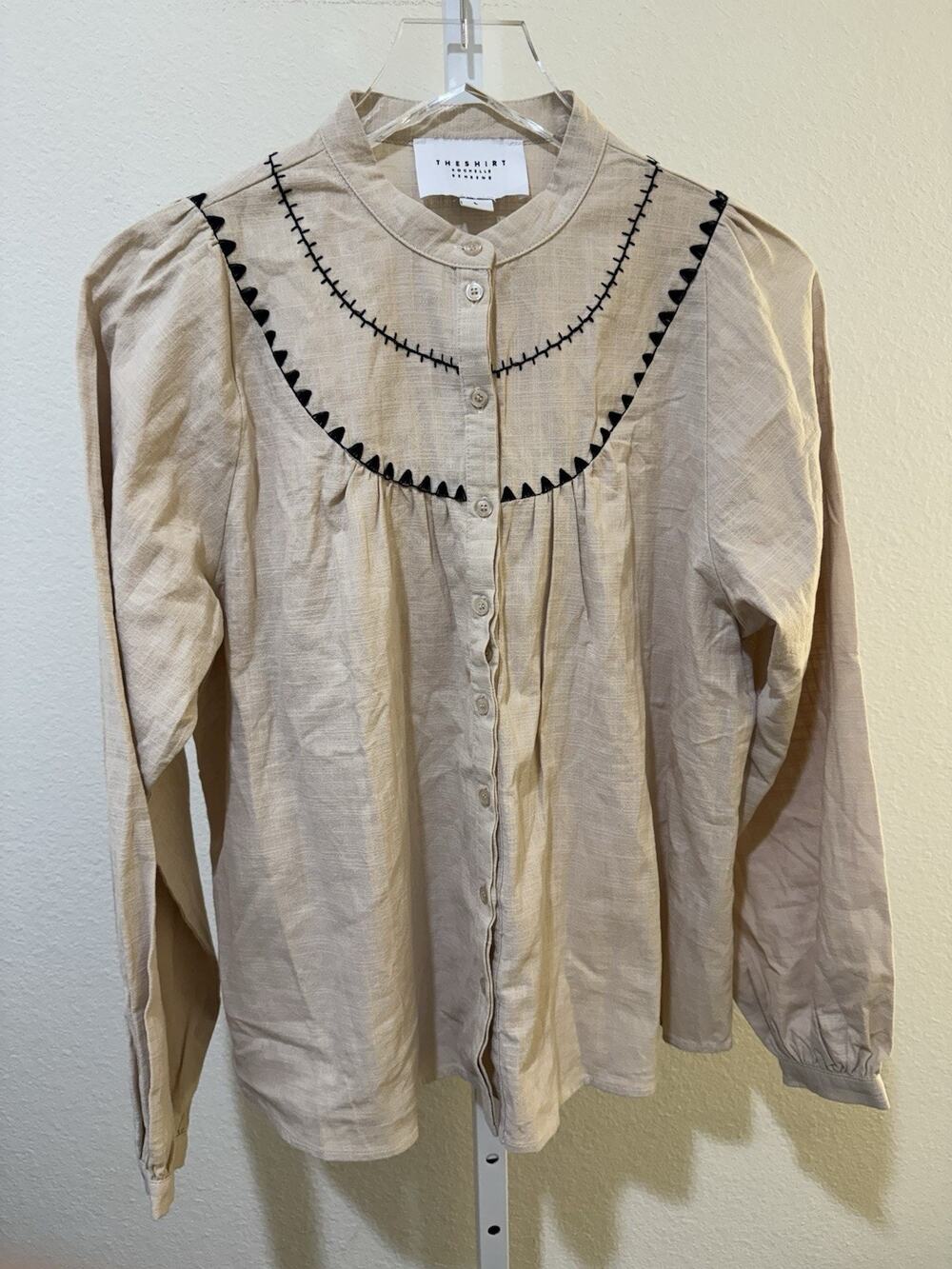 The Shirt Rochelle Behrens Beige Embroidered Long Sleeve Shirt Womens L Linen